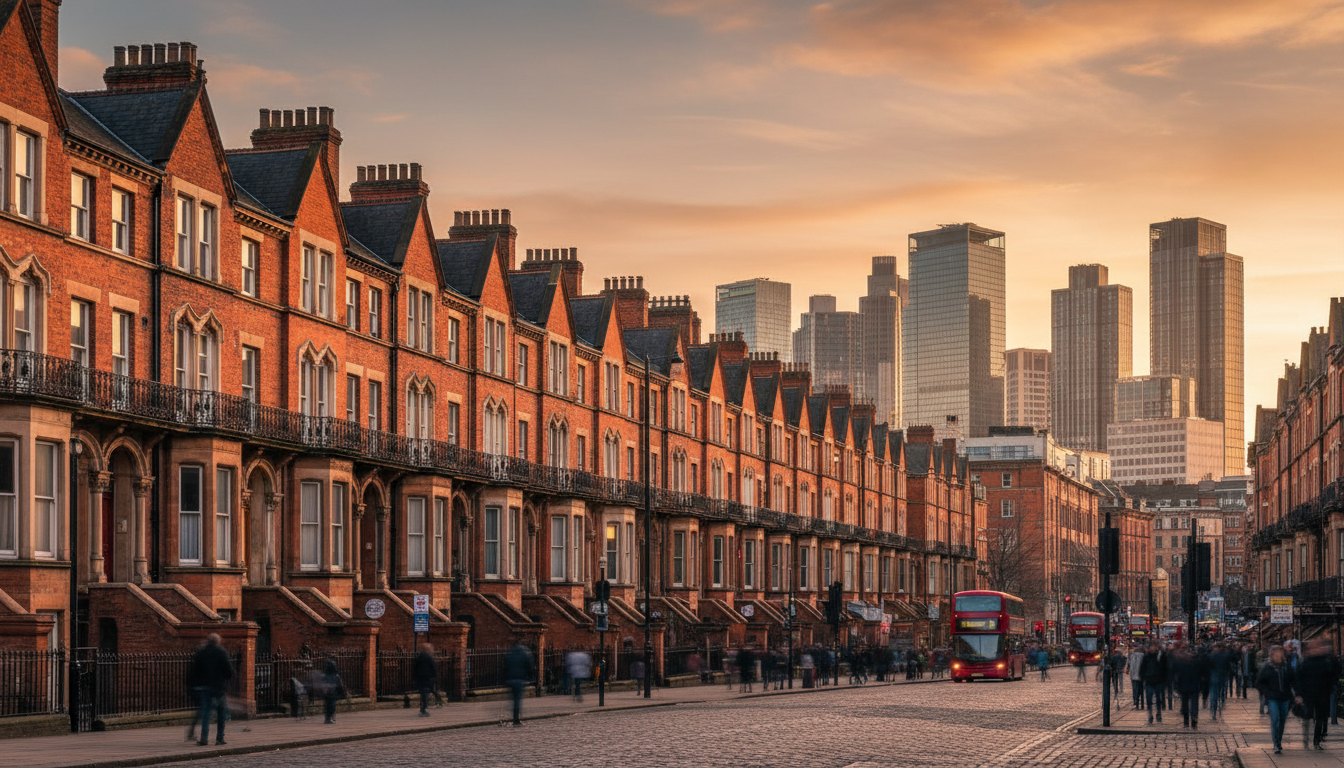 A wide-angle architectural photograph of a row of classic red-brick Victorian terrace houses in a vibrant UK city like Manchester, with modern glass skyscrapers visible in the distant background, warm golden hour lighting, 8k resolution