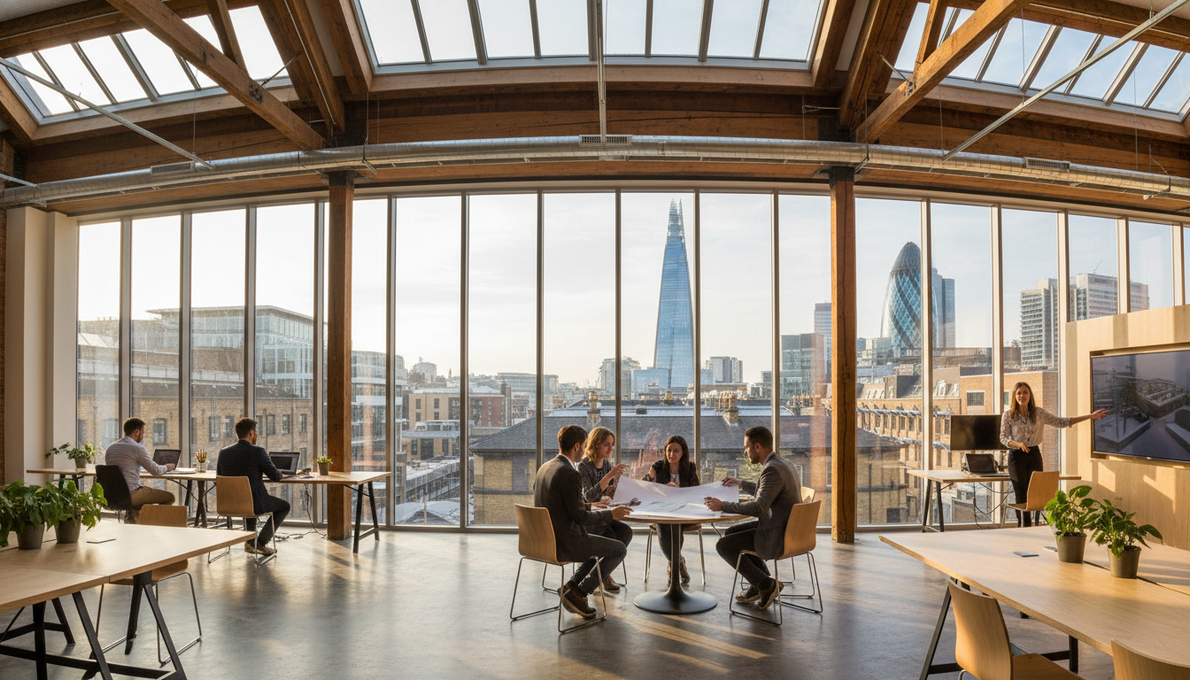 A wide-angle, cinematic shot of a modern, sunlit co-working space in London. Diverse entrepreneurs are seen working on laptops and collaborating over blueprints. Through the large glass windows, the iconic Gherkin and Shard buildings are visible, symbolizing the blend of local tradition and international innovation.
