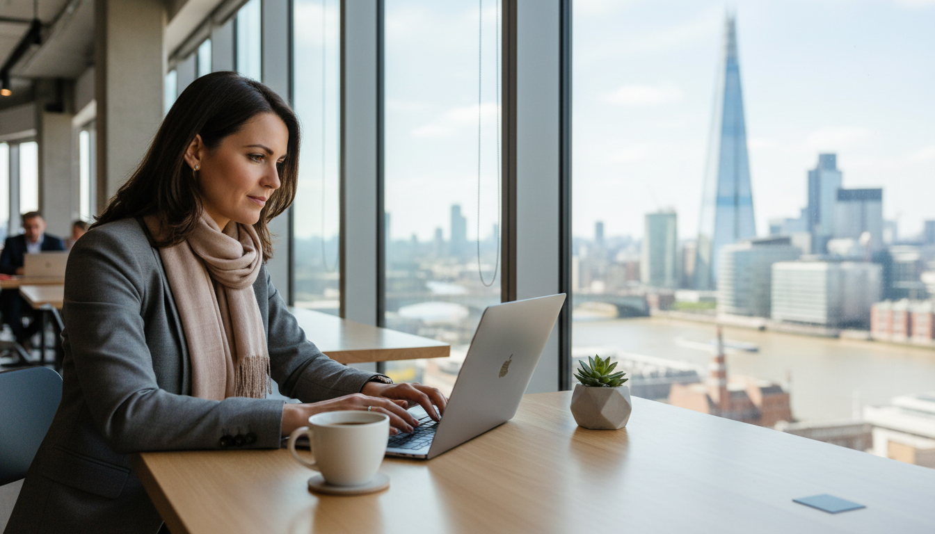 A professional expat sitting in a modern, sunlit co-working space in London with a view of the Shard through the window, working on a laptop with a cup of coffee nearby, high-resolution, professional photography style