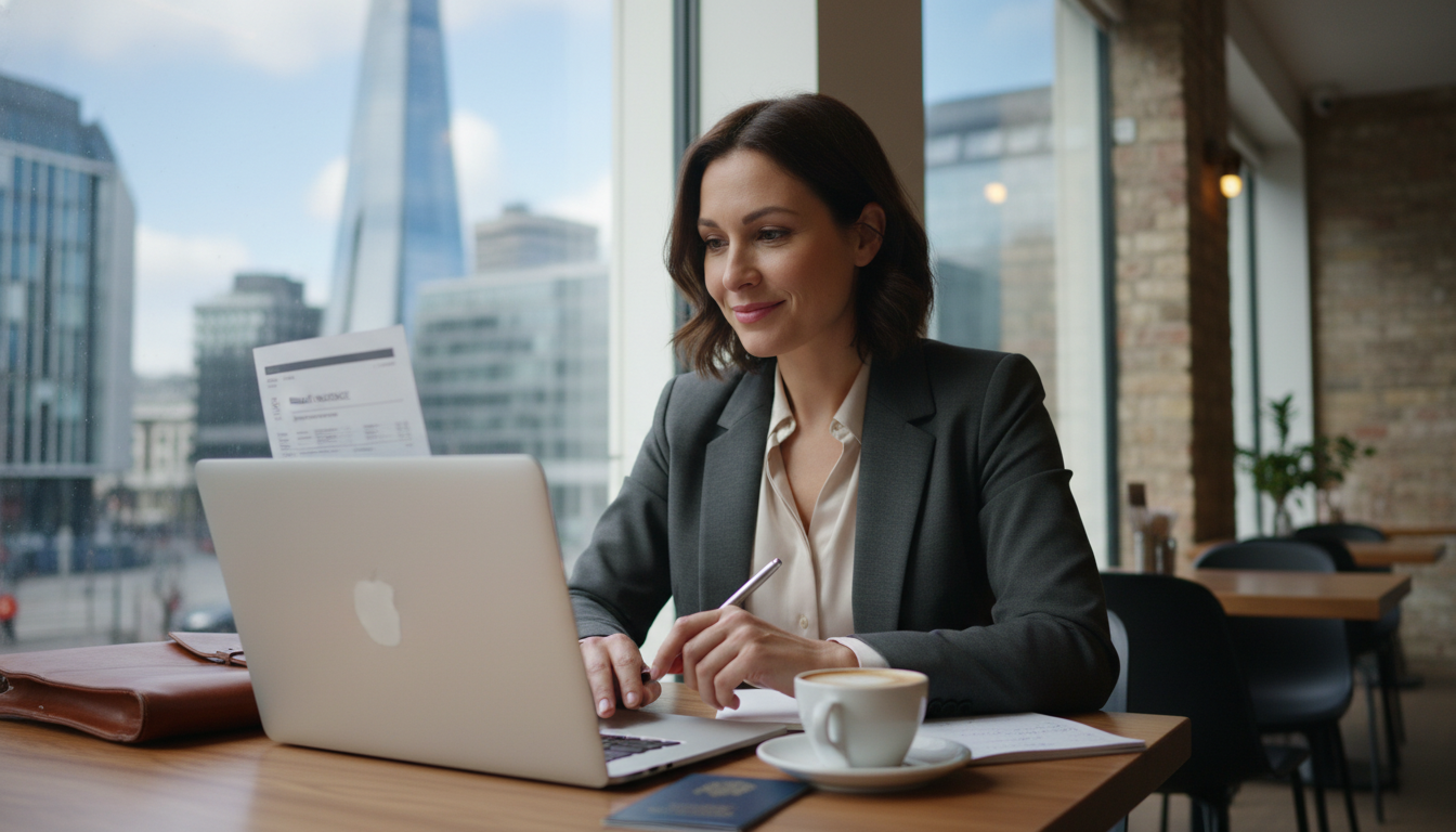 A professional expat sitting in a bright, modern London cafe with a view of the Shard in the background, reviewing a health insurance document on a laptop with a calm and reassured expression.