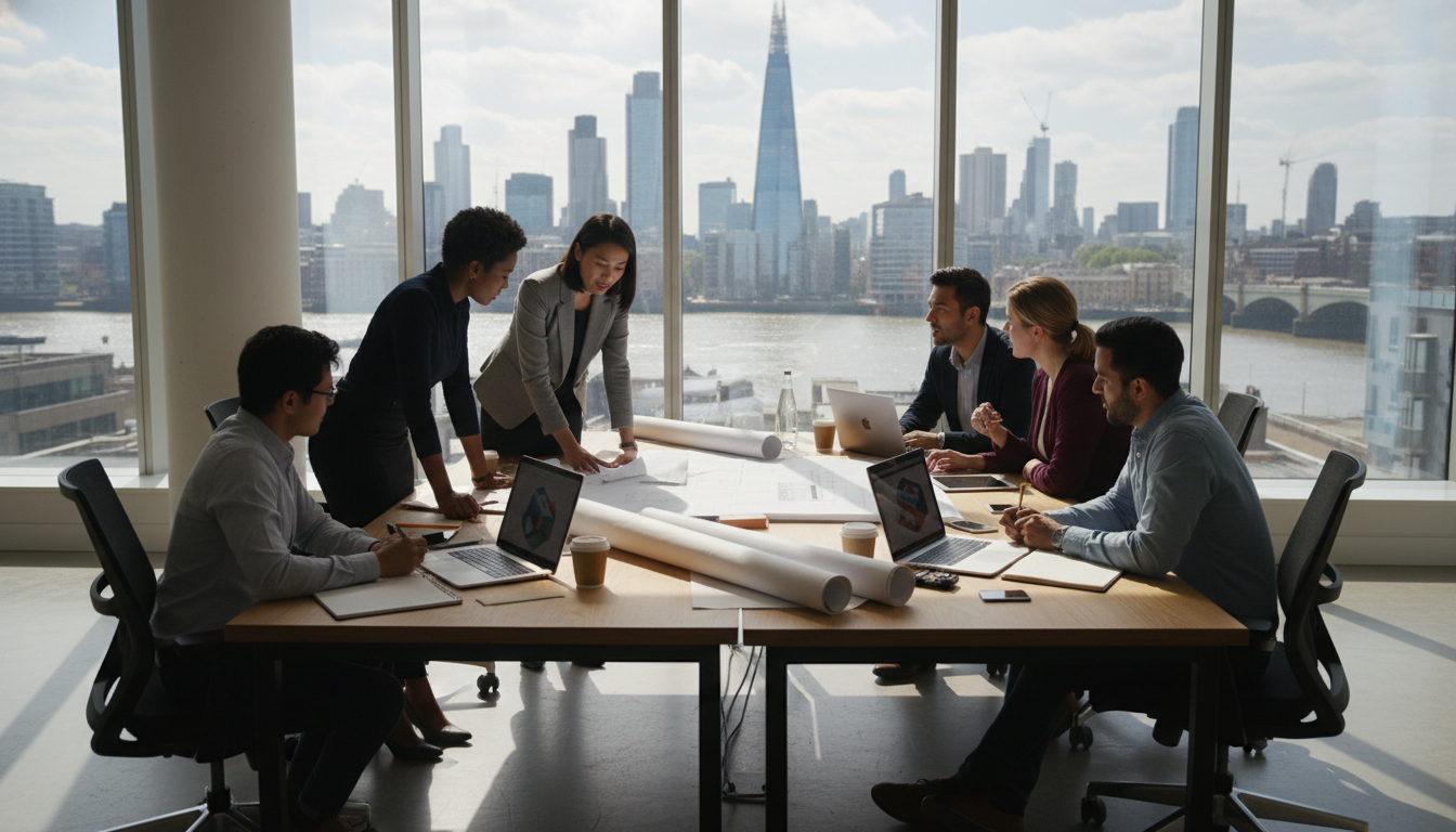 A high-quality, professional photograph of a diverse group of entrepreneurs in a modern, sunlit London office overlooking the River Thames, featuring laptops, architectural blueprints, and a sense of collaborative energy.