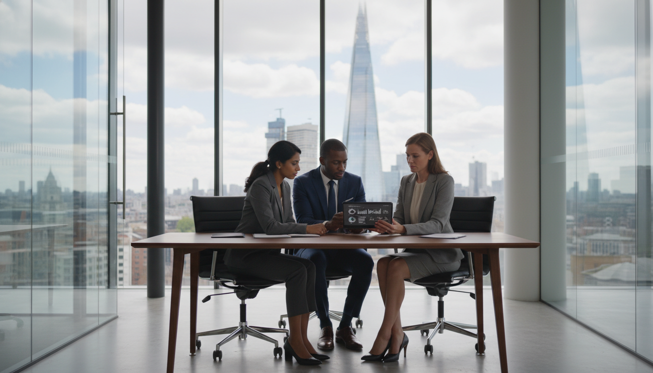 A professional financial consultation taking place in a modern London office with a view of the Shard in the background, featuring a diverse couple looking at a tablet with a financial advisor, soft natural lighting, high-end corporate photography style.