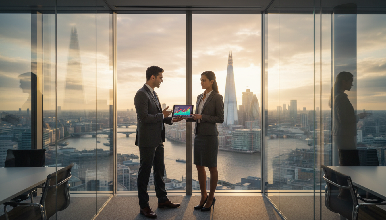 A professional expat couple standing in a modern glass-walled office in London, looking out over the River Thames and the Shard, holding a digital tablet with financial growth charts, cinematic lighting, photorealistic style.