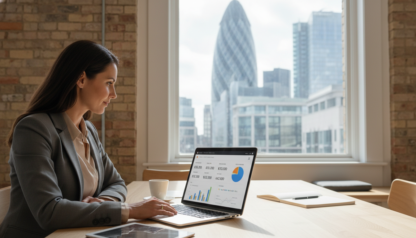 A professional expat entrepreneur sitting in a bright, modern London co-working space, looking at a laptop screen showing a digital banking dashboard with various currency balances, with a view of the Gherkin skyscraper in the background through the window.