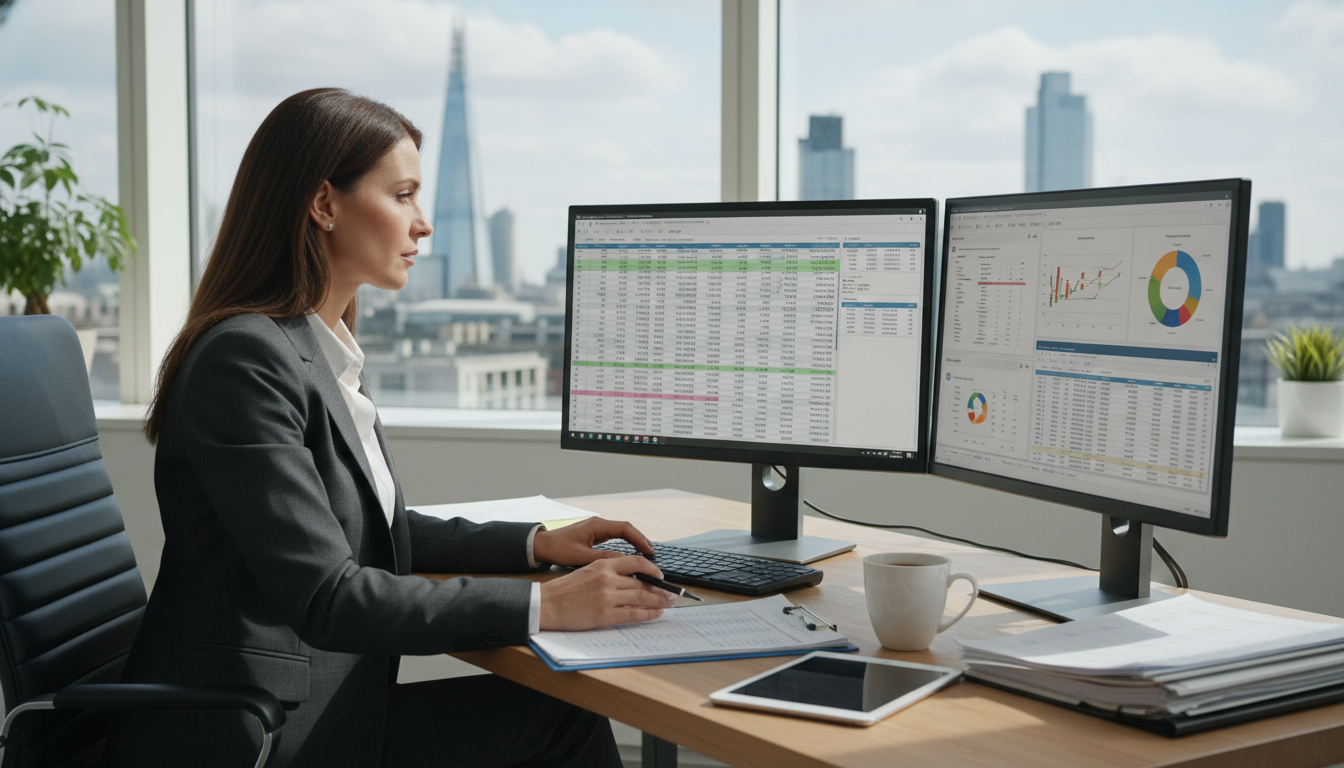 A professional accountant sitting in a modern, sunlit office, reviewing complex financial documents on a dual-monitor setup with a cup of coffee and a London skyline visible through the window.