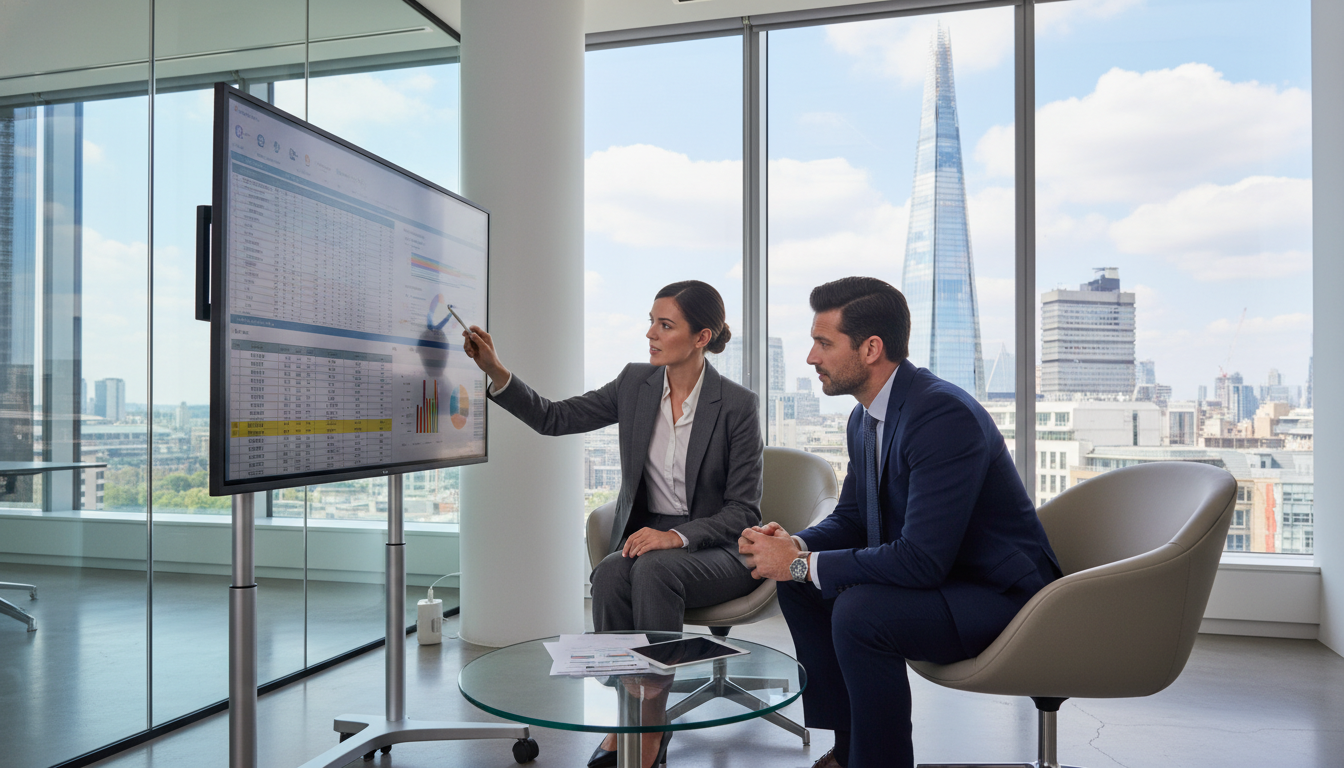 A professional tax consultant in a bright, modern London office discussing complex financial spreadsheets on a large screen with an international client, with the Shard visible through the window in the background.