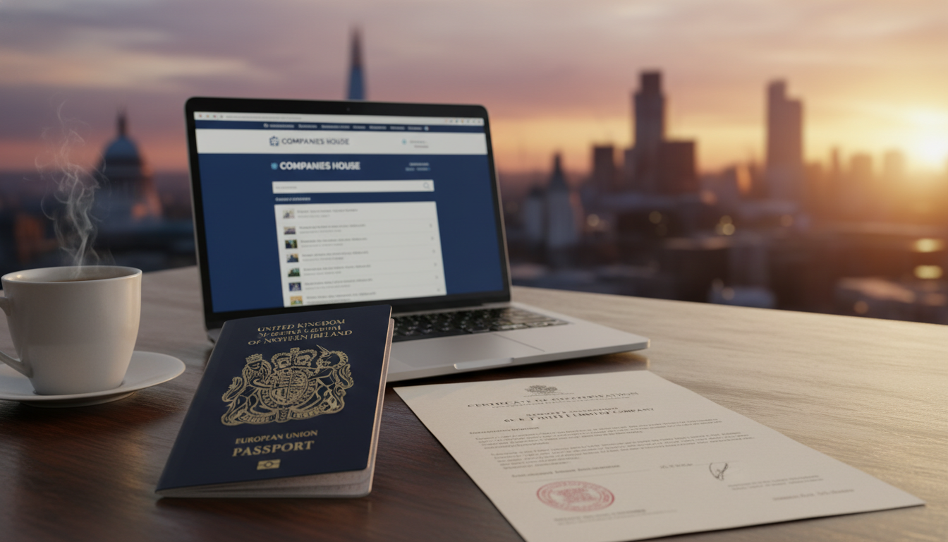 A professional desk setup featuring a British passport, a legal incorporation document, and a laptop showing the Companies House website, set against a blurred background of the London skyline at sunset, photorealistic style.